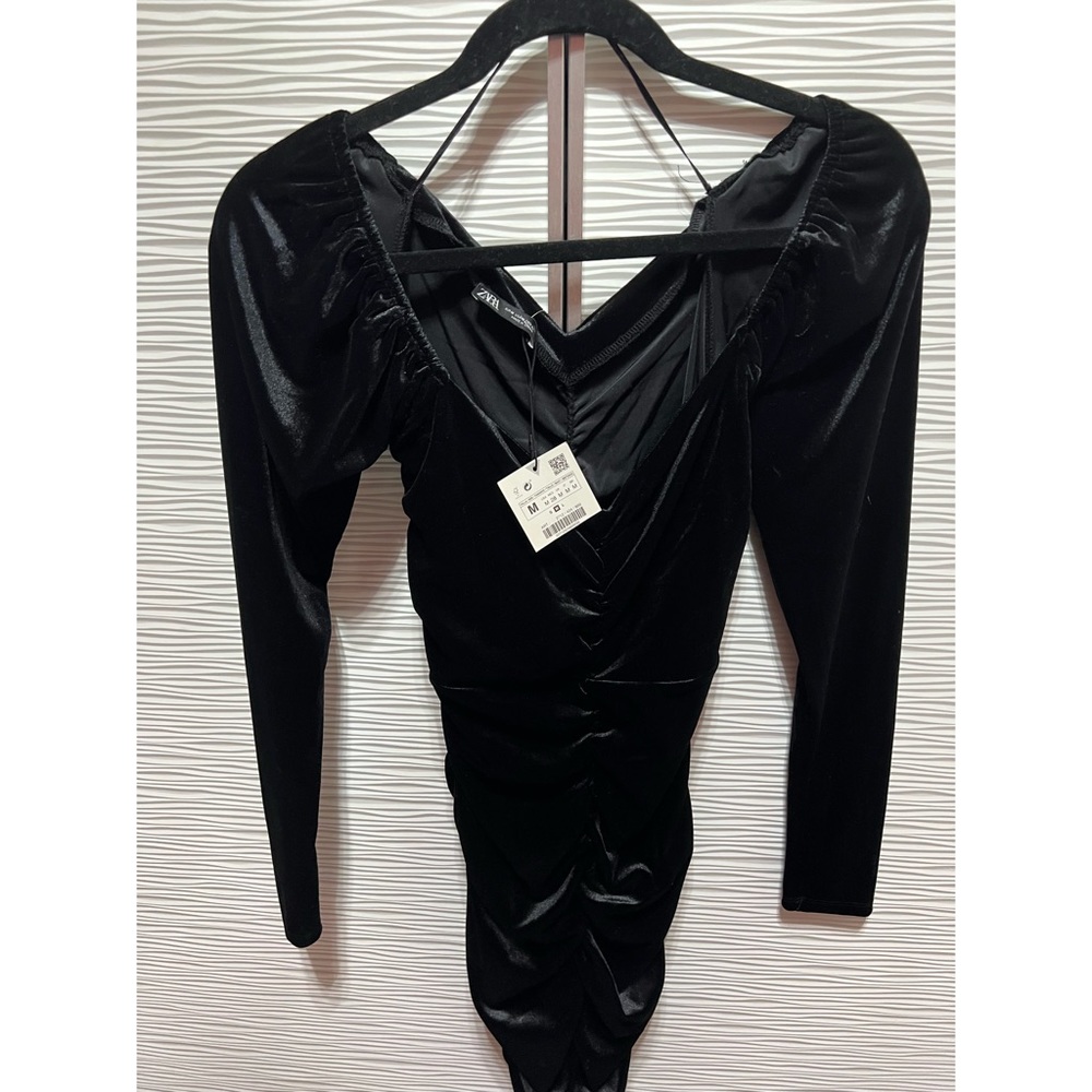 Zara black velvet ruched mini dress